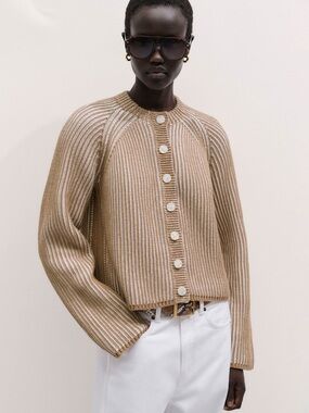 Me+Em Striped Ribbed Button-Front Cardigan in Camel and Cream Organic Cotton